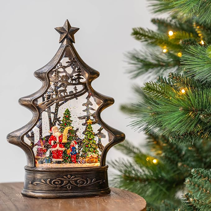 Musical Snow Globe Christmas Tree Lantern Lighted Santa's List Christmas Snow Water Lantern Swirling Glittering Home Decoration and Gift, Battery Operated or USB Powered