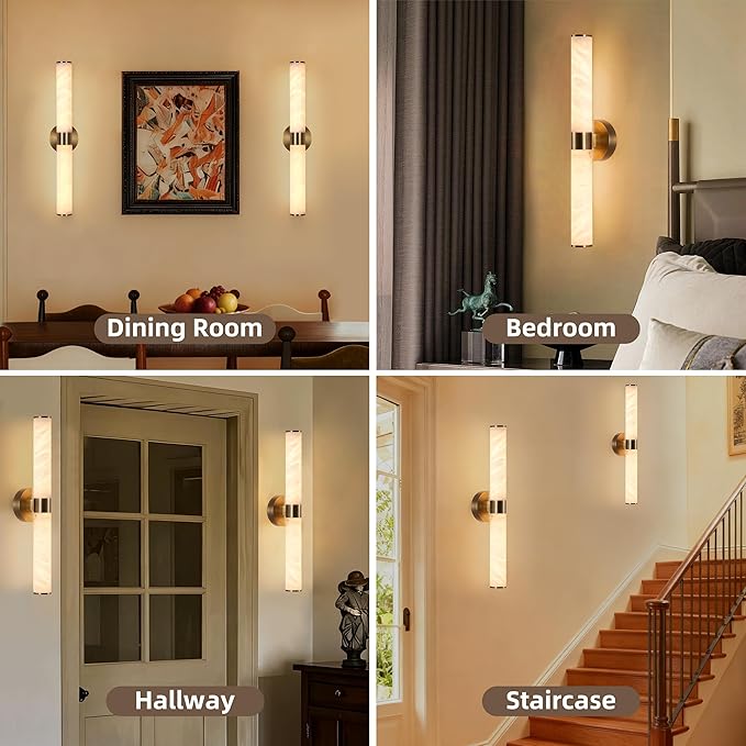 23.8in Gold Alabaster Wall Sconces Set of 2, Modern Brass Bathroom Sconce Light, Spanish Marble Wall Lamp, Hardwired LED Wall Lighting for Bedroom Living Room Staircase Hallway Dining Room