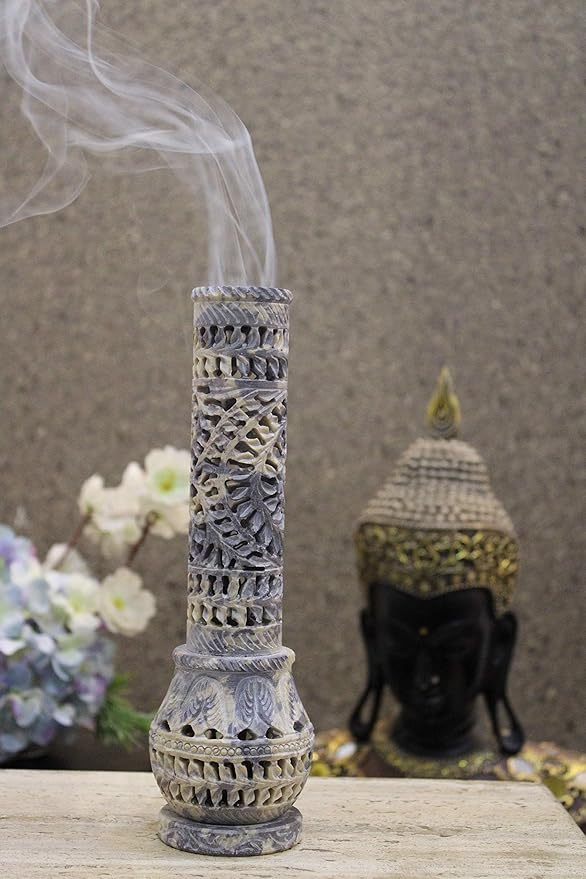 Handmade Carving Round Soapstone Incense Stick Tower Holder | Marble Incense Stick Tower Burner Holder Spa Aromatherapy Home Office Fragrance Accessories Home Office Decor - (11 X 3 Inches)