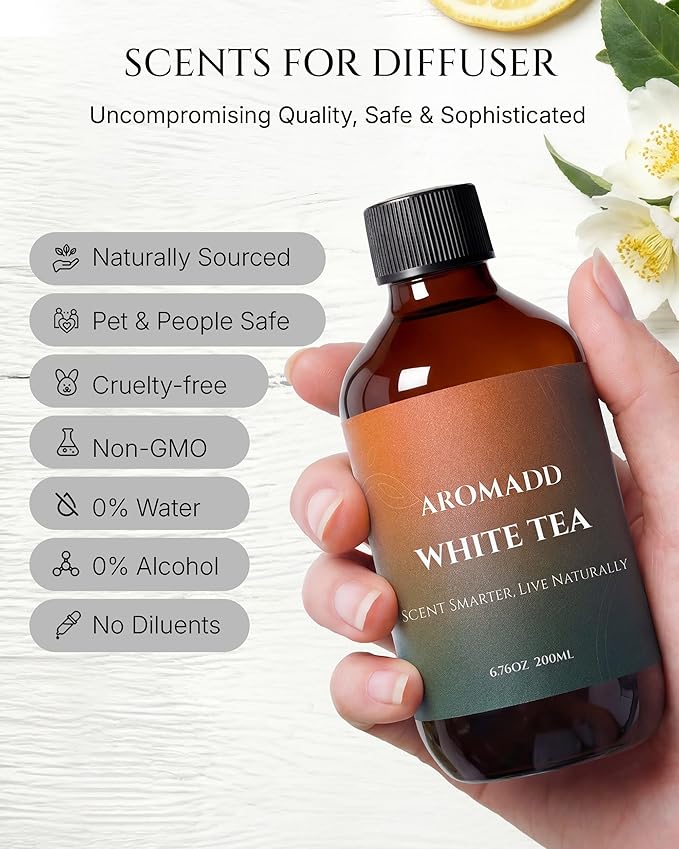 Aromadd White Tea Diffuser Oil Inspired by Luxury Hotel Scent, Essential Oils for Waterless Diffuser, White Tea & Bergamot, Long-Lasting & Natural Home Fragrance - 6.76 fl oz (200 mL)
