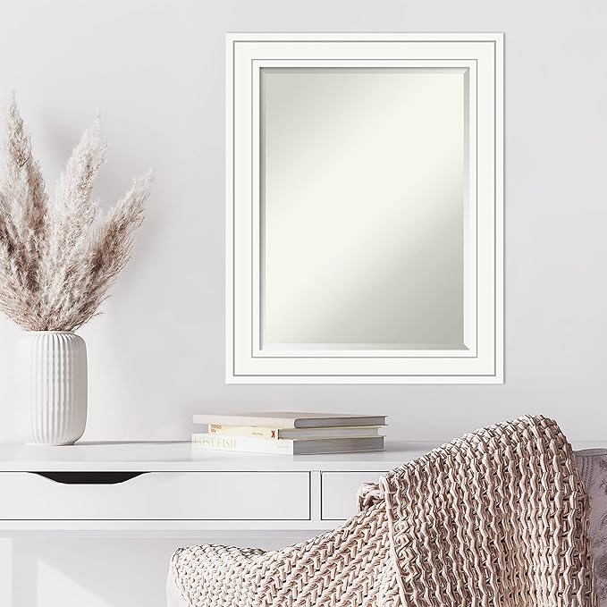 Amanti Art White Wall Mirror 29x23 Craftsman White Rectangle Bathroom Mirror for Wall Decor Living Room, Medium Casual Wood Frame, Hangs Horizonally and Vertically, Bathroom Decor, Beveled Edge