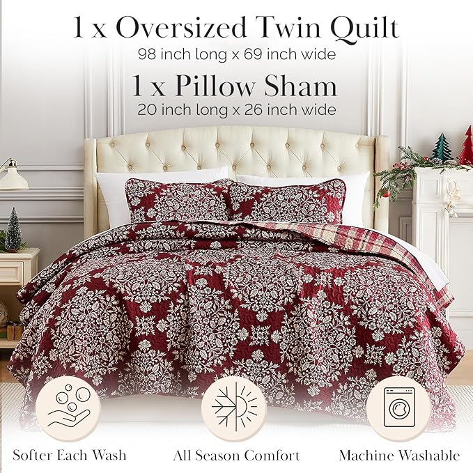 Southshore Fine Living Christmas Quilt Twin XL Bedding Set, Reversible Farmhouse Christmas Bedding Coverlet, Twin XL Bedspread - Red Plaid