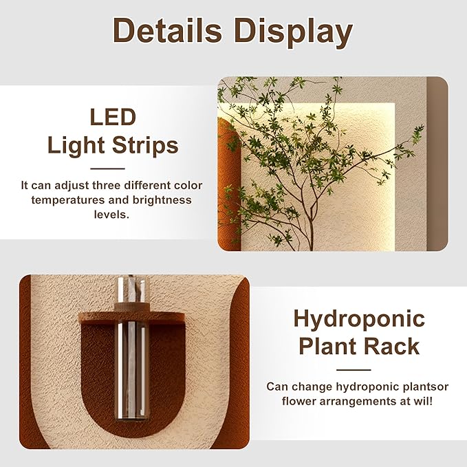 LED Sandstone Wall Decor, 3D Wall Art Sculpture, Simulated Green Plants, Glass Vase & Remote Control 3 Color Light for Living Room, Bedroom, Corridor(Light Coffee,41.4 * 23.6in)