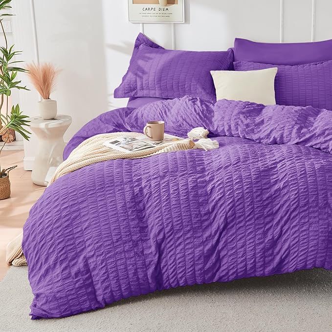 HYMOKEGE Dark Purple California King Comforter Set Seersucker 7 Pieces, All Season Luxury Bed in a Bag for Bedroom, Bedding Set with Comforter, Sheets, Pillowcases & Shams