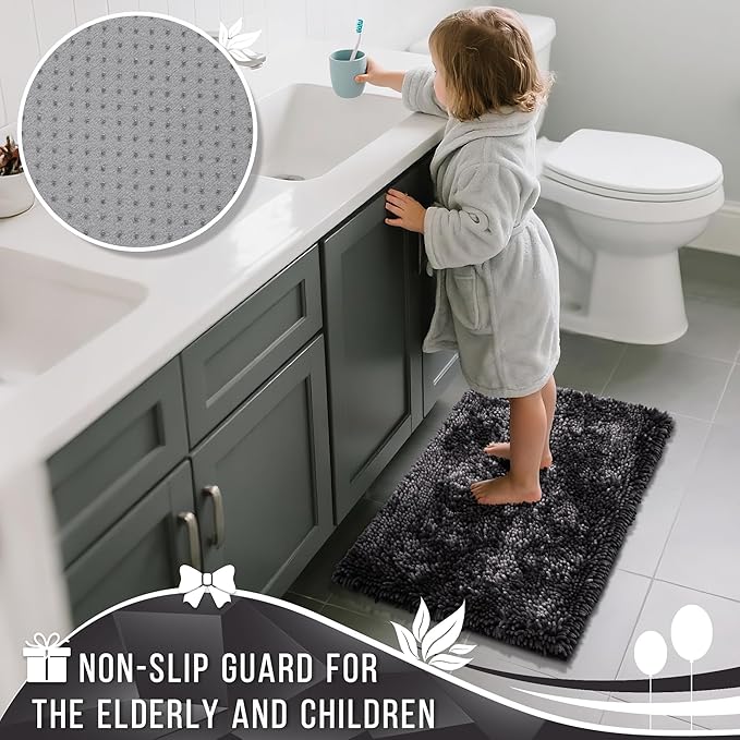 Yimobra Chenille Bathroom Rugs Non Slip, Extra Thick Soft Absorbent Bath Rug 31.5x20 Inch, Machine Washable Quick Dry Bath Mat for Bathroom Floor, Tub and Shower, Home Decor Accessories, Dark Grey