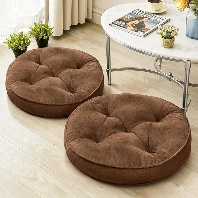 Floor Pillow Set of 2, Memory Foam Meditation Cushion, Floor Cushions for Adults Sitting, Large Round Seat Cushions for Yoga, Living Room, 20x20 Inch (Round | Brown)