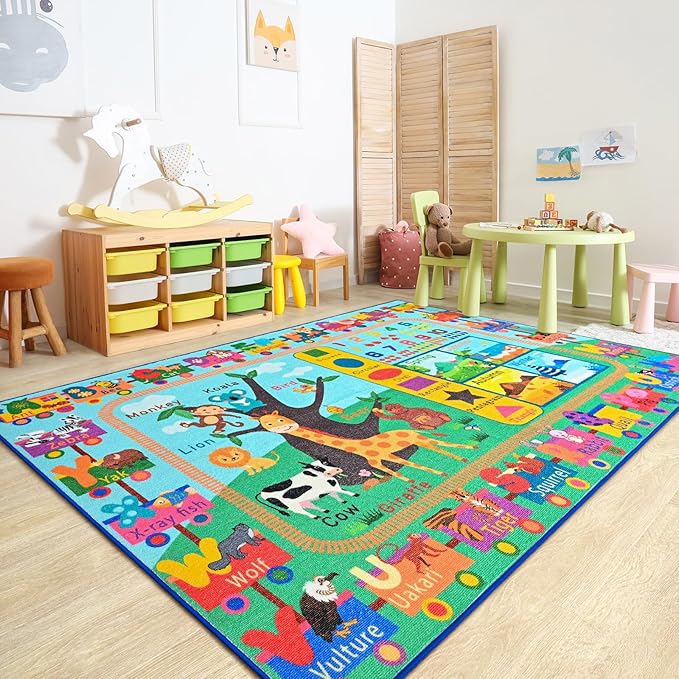 Kids Rug for Playroom, 4x6 ABC Educational Carpet for Classroom, Fun Alphabet Area Rugs for Learn Numbers Season Animal Weather and Shapes Playmat for Girls Boys Room Nursery Decor