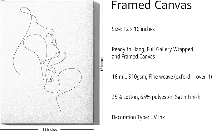 Minimalist Face to Face Wrapped Canvas Wall Art Two Portraits Continuous Line Drawing 12x16 Inch Gallery Stretched Modern Asian Home Art Decor