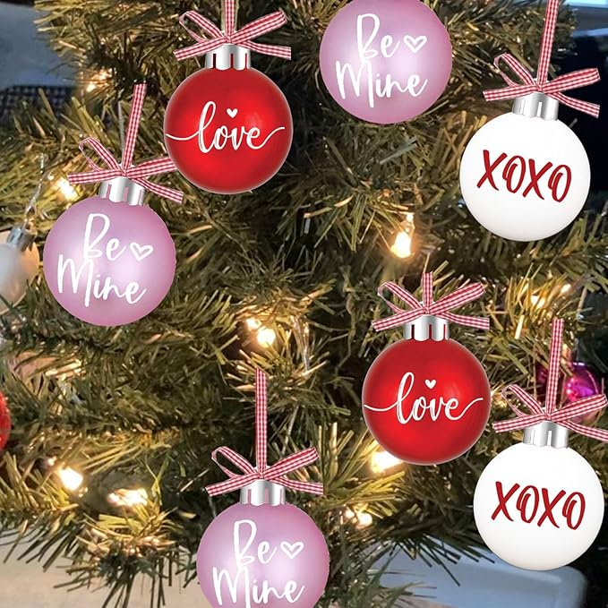 Valentines Tree Decorations, 12 Pcs Valentine Ornaments for Tree, Valentine's Day Hanging Ornament for Christmas Tree, Red Pink White Plastic Ball Ornaments