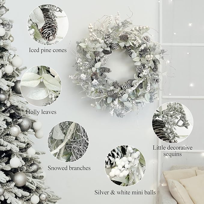 Birch Wreath with White Berries, Iced Pine Cones, Holly Leaf, Branch - 26" Winter Christmas Wreath for Front Door or Indoor Wall Window Thanksgiving Decor