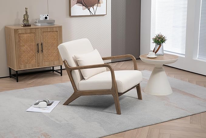 KEIKI Mid Century Modern Accent Chair, Ergonomic Design Armchair with Solid Wood Base, Includes Lumbar Cushion for Back Support