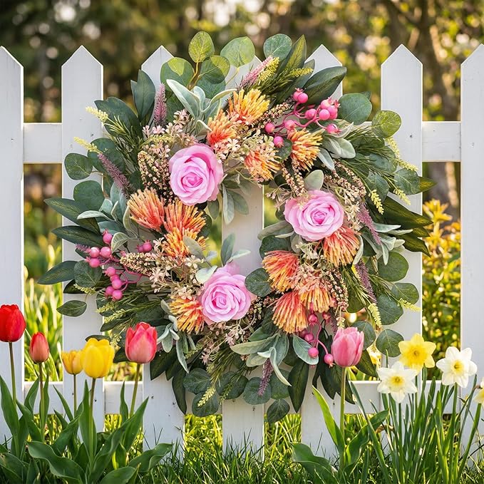 24 Inch Wreath for Front Door Spring Wreath with Purely Handmade Roses, Rose Leaves, Big Berries, Flocking Protea, Home Indoor Outdoor Wall Festival Farmhouse Holiday Decor Year Round