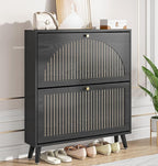 Shoe Storage Cabinet for Entryway with 2 Flip Drawers, Narrow Wood Shoe Cabinet with Fluted Panel, Freestanding Hidden Shoe Organizer for Foyer, Hallway (Black - No Shelf)