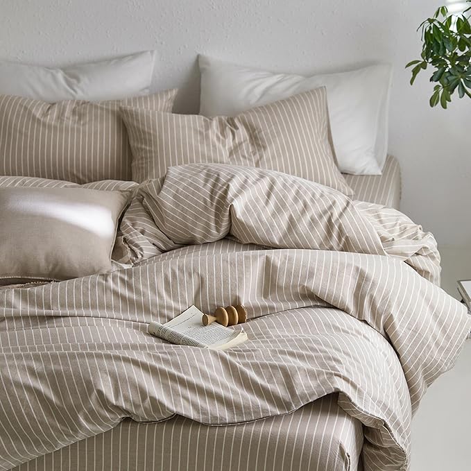 MooMee Striped Duvet Cover Set 100% Washed Cotton Linen Like Textured Breathable Durable Soft Comfy (Tannish Linen Grey White Wide Stripes, Super King Plus 120"x120")