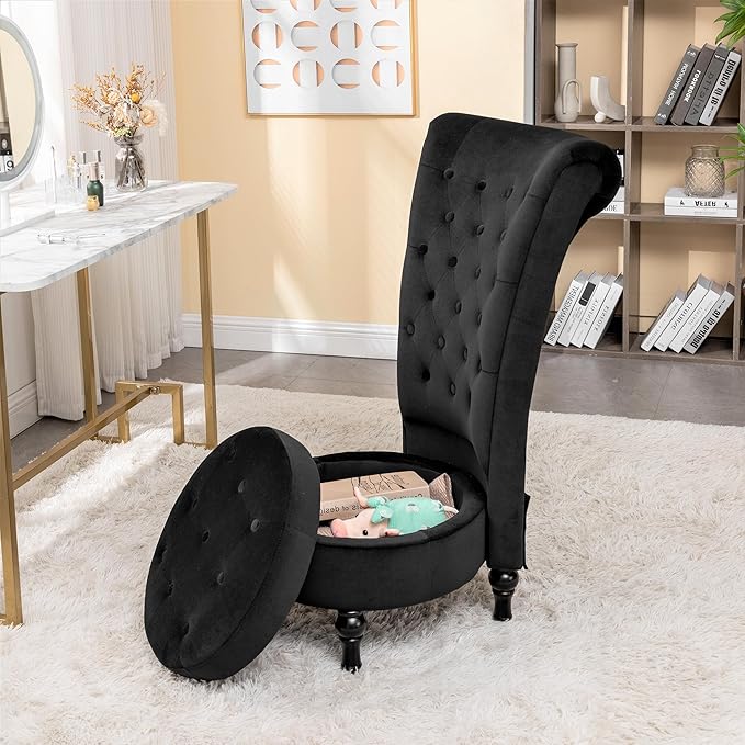 Royal High-Back Velvet Accent Chair for Vanity with Storage and Luxurious Upholstery, Retro Design and Versatile Usage for Living Room, Bedroom, Lounge and Office, Black