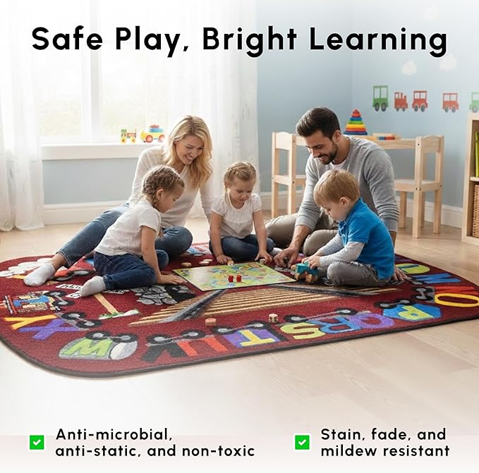 SAFECASTLE Alphabet Express Kids Educational Area Rug – 4'4" x 5'6" – Colorful Train ABC Learning Carpet for Playroom, Classroom, Daycare, Preschool, or Nursery – Durable Machine-Tufted Nylon Rug