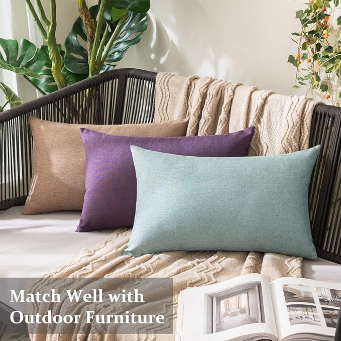 MIULEE Pack of 2 Decorative Outdoor Solid Waterproof Throw Pillow Covers Spring Faux Linen Garden Farmhouse Cushion Cases for Summer Patio Tent Balcony Couch Sofa 20x12 Inch Teal