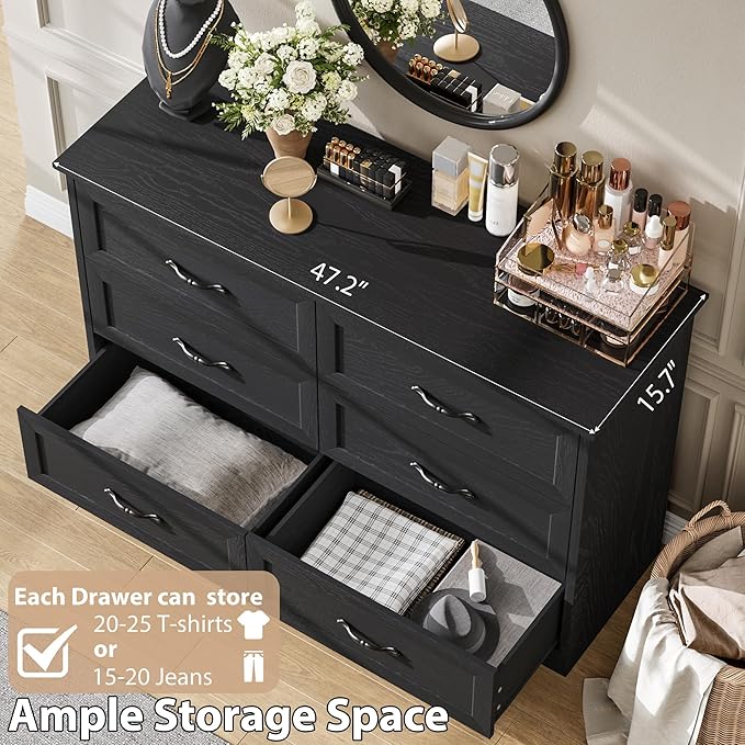 GAOMON Farmhouse 6 Double Drawers Dresser for Bedroom, 47.2'' Wide Chest of Drawer, Wooden Horizontal Dresser with Metal Handles and Stable Base, Modern Cabinet for Bedroom, Living Room, Black