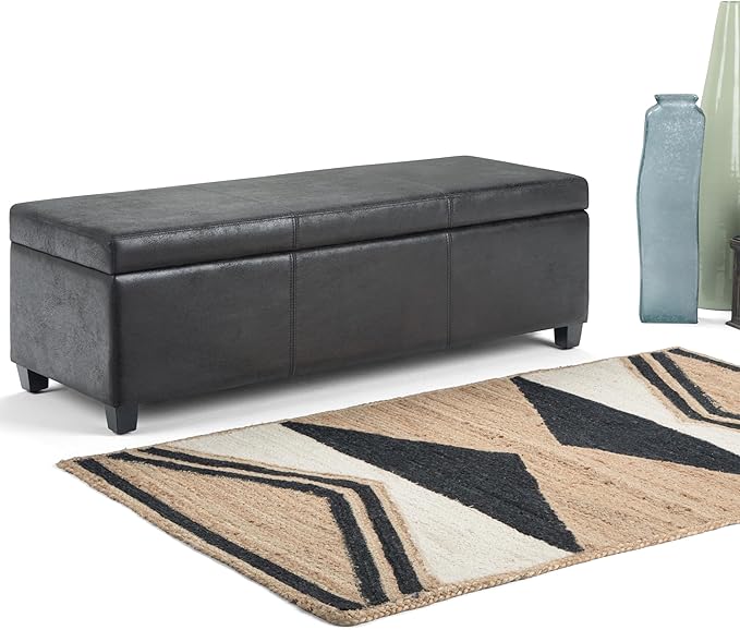 SIMPLIHOME Avalon Storage Ottoman Bench - 48 inch Wide Upholstered Vegan Leather Rectangular Lift-Top Ottoman in Distressed Black, Contemporary Storage Bench for Living Room with High-Density Foam