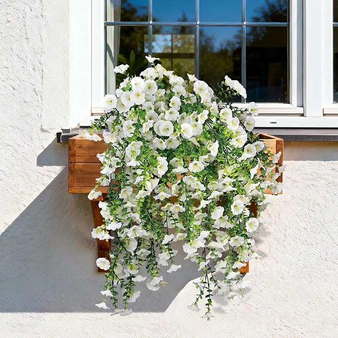 Artificial Hanging Flowers for Outdoors, 2 PCS UV Resistant Faux Silk 150 Morning Glory Each Trailing Vines, Fake Plants for Spring Outdoor Garden Planter Porch Patio Decoration, White