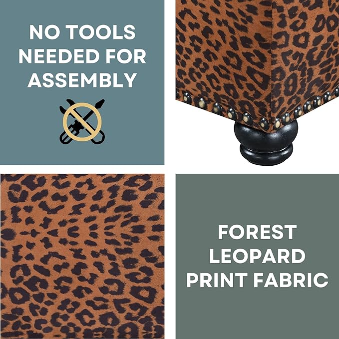 Convenience Concepts Designs4Comfort 5th Avenue Upholstered Storage Ottoman 24" - Contemporary Foot Stool and Seat with Hinged Lid for Living Room, Dining Room, Office, Forest Leopard Print Fabric