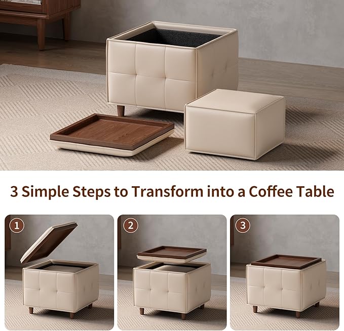 Square Ottoman with Storage Set of 2, Leather Coffee Table Ottoman, Multifunctional Foot Rest Stool with Storage for Living Room & Bedroom