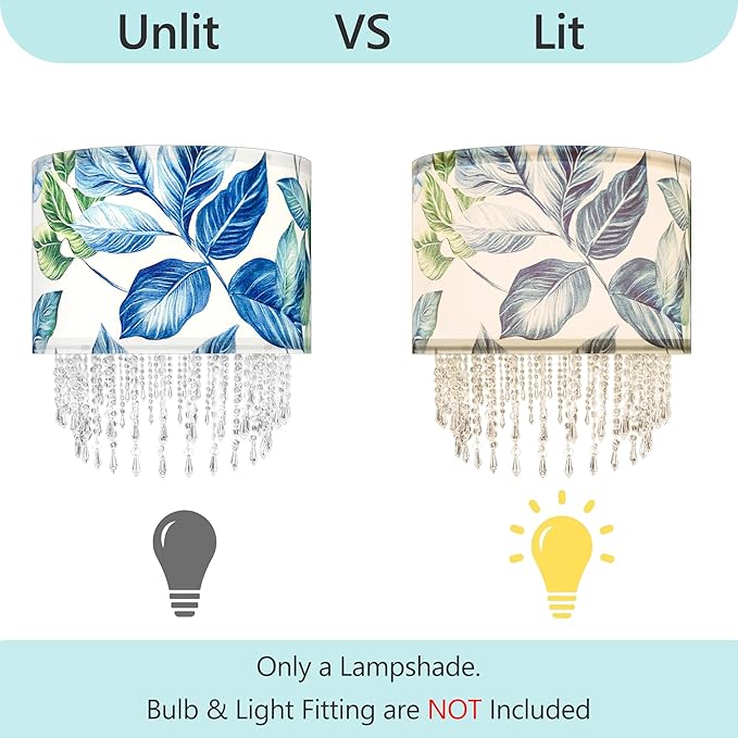 Blue Leaf Tropical Leaf Lamp Shade with Acrylic Bead Droplets, Drum Fabric Light Shade for Ceiling Pendant Table or Floor Lamps, Botanical Nature Home Decor, 15.7in