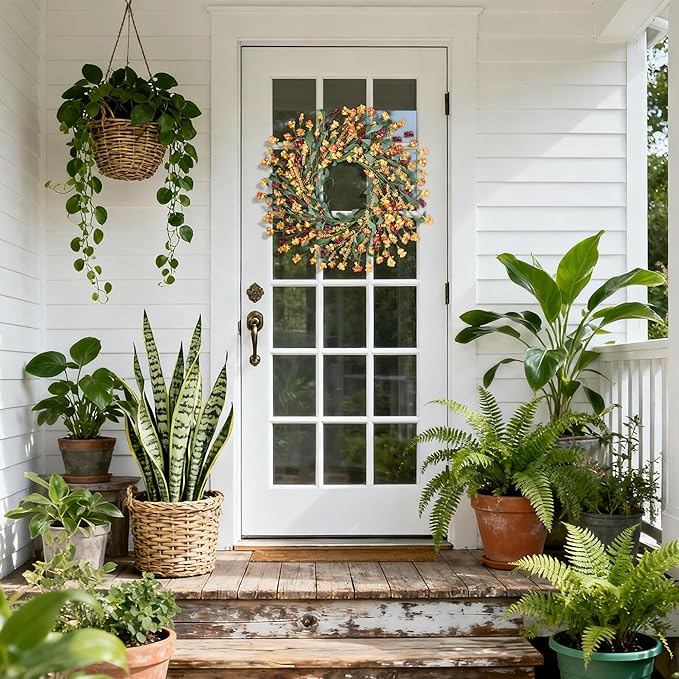 Wreaths for Front Door, 24 Inch Spring/Summer Front Door Wreath, Colorful Paper Flower Wreath for All Seasons for Indoor Home Wall Window Office Wedding Farmhouse Decor (Orange)