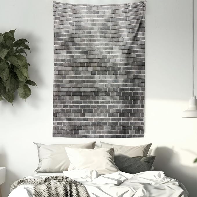 Ambesonne Grey and White Tapestry, Modern Brick Wall Tiles Urban Construction Architecture Building Town Art Picture, Fabric Wall Hanging Decor for Bedroom Living Room Dorm, 23" X 28", Grey