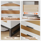 Mericonia 6 Drawer Double Dresser for Bedroom, Rattan Chest of Drawers, Modern Wooden Dresser Chest with Metal Frame for Bedroom, Living Room, Hallway and Entryway, White
