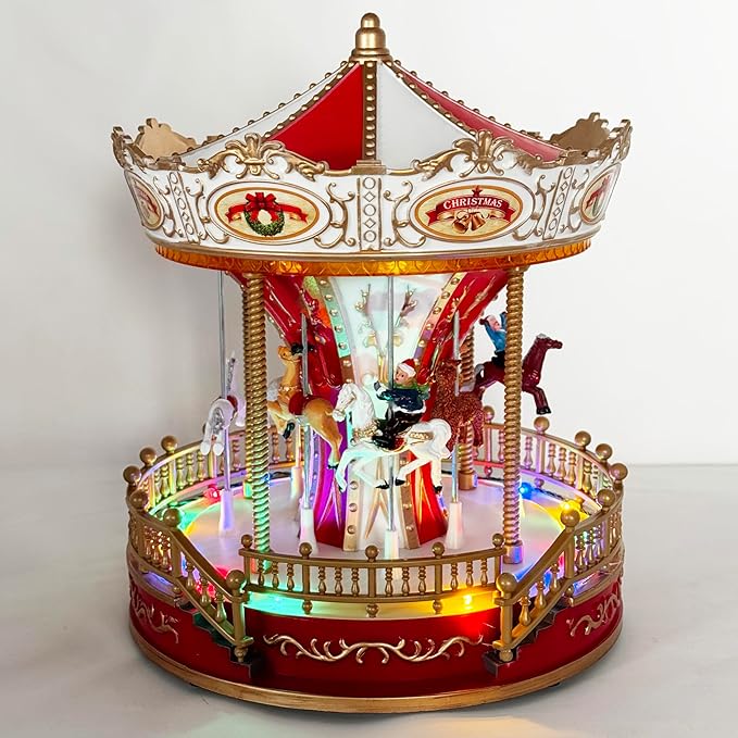 allgala Christmas Carousel Crafted Polyresin Like Christmas Village House Collectable Figurine with USB and Battery Dual Power Source-Carousel-XH93422