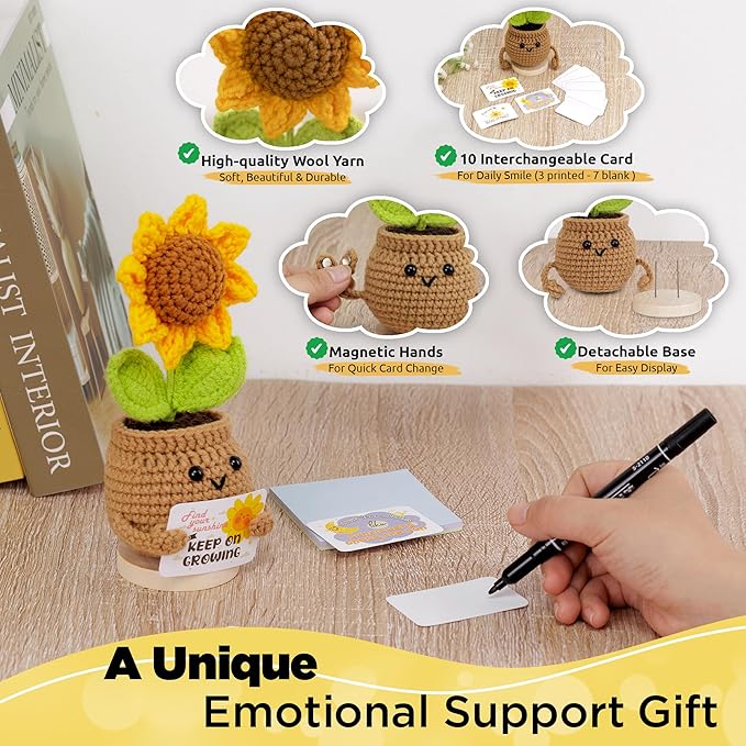 DUGATO Handmade Crochet Positive Sunflower with Magnetic Hands & 10 Customizable Cards - Uplifting Gift for Women, Friends, Coworkers - Cute Desk Decor for Office & Home