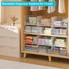 Divided 4-Tier Stackable Closet Organizers and Storage Basket, Foldable Closet Shelf Organizer Systems for Clothing Sweaters, Wardrobe Cupboard, White