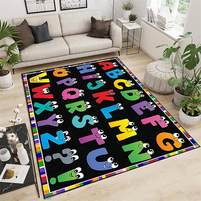 Kids Area Rug English Characters ABC and Math Symbols Learning Carpets, Lovely Black Foldable Large Area Rugs Perfect for Dining Room Bedside Kids Boys Bedroom Playroom Hallway, 4x5ft