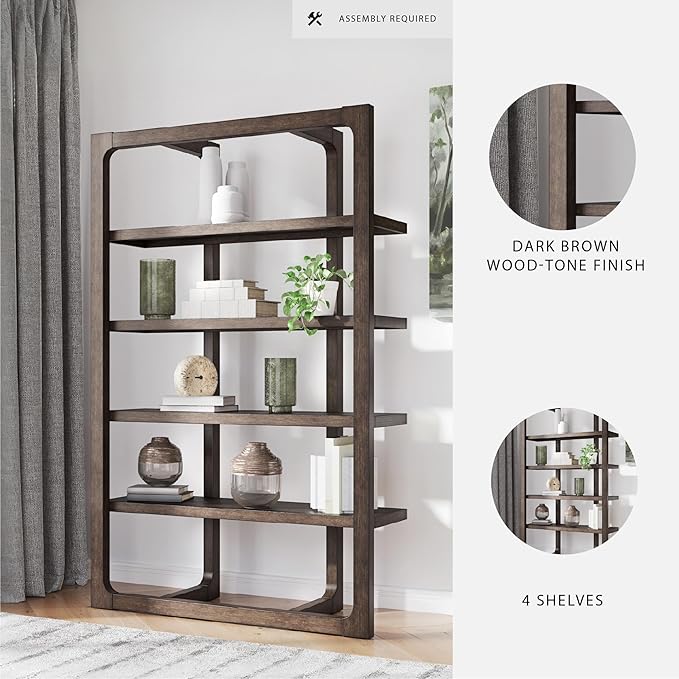 Signature Design by Ashley Breckington Contemporary Wood Framed 76" Bookcase with 4 Shelves, Dark Brown