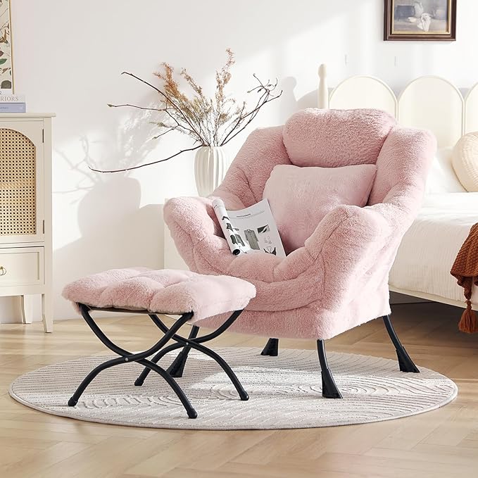Lazy Chair with Ottoman, Large Pink Lounge Accent Chair with Ottoman and FA Throw Pillow, Comfy Plush Reading Chair for Living Room Bedroom Dorm Room Office Apartment Relaxing Use