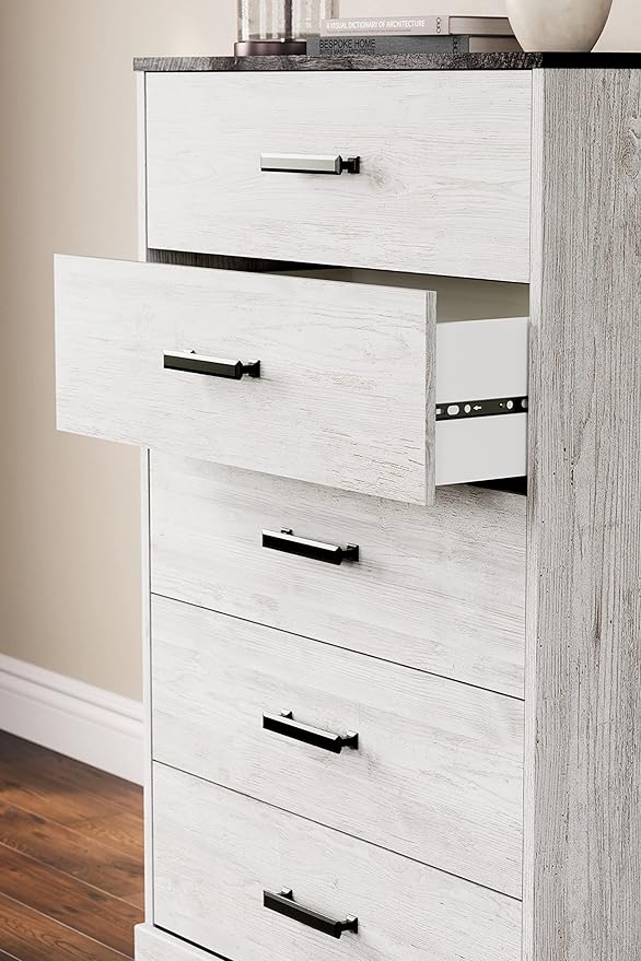 Signature Design by Ashley Shawburn Rustic 5 Drawer Chest of Smooth-Gliding Drawers and Safety Stop, White & Gray