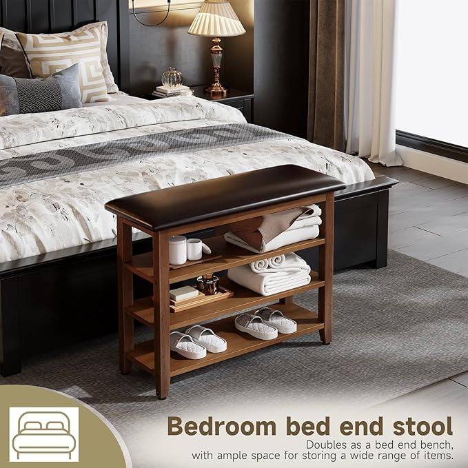 Shoe Bench with Leather Cushion,Wood Bench with Shoe Rack,3-Tier Shoe Storage Organizer for Entryway,Hallway,Living Room (Brown, 3-Tier-31.5")