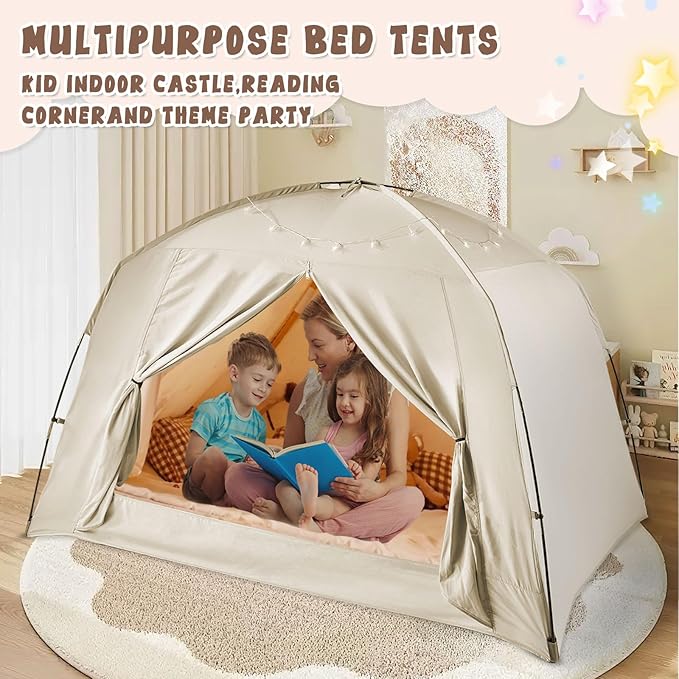 Bed Tents for Kids and Adult, Portable 100% Breathable and 85% Blackout Toddler Dream Play Tent, 3 Doors Big Privacy Space Sleeping Canopy for Floor or Twin Full Queen Sizes Bed (Khaki, Twin-Size)