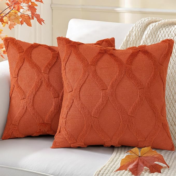 decorUhome Spring Throw Pillow Covers 20x20 Inch Set of 2, Soft Plush Faux Fur Wool Rust Couch Pillow Covers, Decorative Neutral Pillow Cases for Bed Sofa Living Room Home Decor