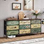 Tohomeor Dresser with Drawers for Bedroom Chest of Drawers Fabric Dresser for Closet,Nursery Entryway Hall Tree TV Stand for Living Room Retro Floral Pattern Drawers Wooden Top (Wide 9 Drawers)