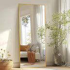 Full Length Mirror, 58"x18" Oversized Floor Mirror Freestanding, Full Body Mirror Floor Standing Mirrors with Stand, Hanging Mounted Mirrors for Bedroom Living Room, Gold, Rect Style