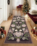 GarveeHome Plum Pink Floral Botanical 2.5x8 Washable Kitchen Runner Rugs Non Slip Black Purple Vintage Boho Cottage Long Rug for Hallways Bedroom Entryway Bathroom Mat with Rubber Back