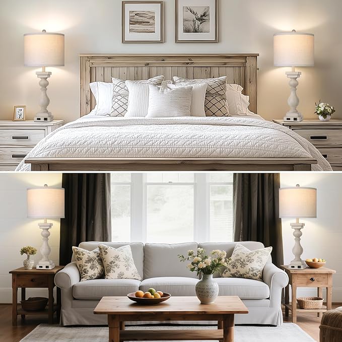 28" Tall Farmhouse Table Lamps Set of 2 with USB C+A Ports and AC Outlet, 3 Way Touch Tall Rustic Bedside Lamps for Living Room, Cream Vintage Lamps for Bedroom