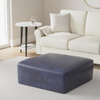 POLY & BARK Sequoia Ottoman – 35” Square Pouf with Feather-Down Topper – Full-Grain Leather Upholstered Pouf Ottoman for Living Room – Italian Leather in Midnight Blue