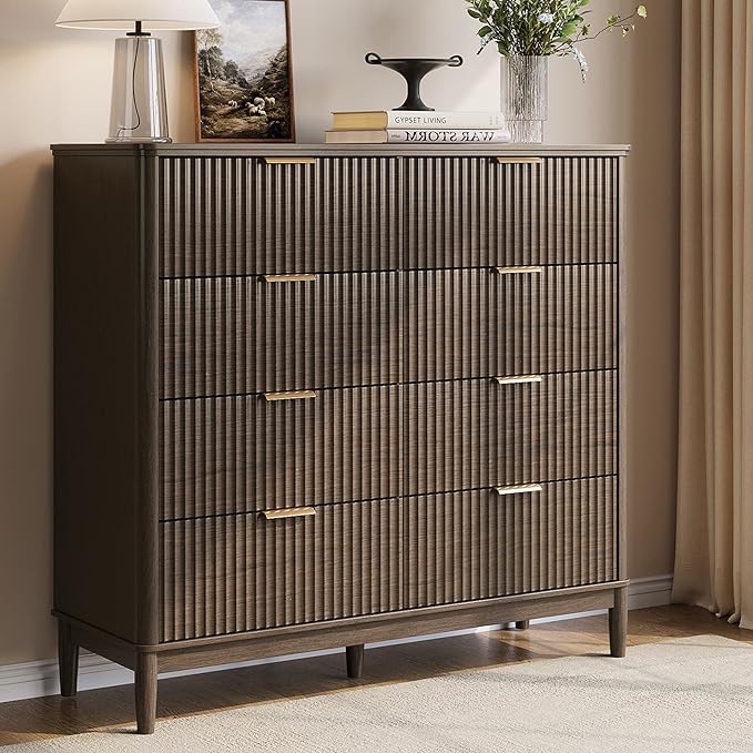 LINSY Fluted 8 Drawer Dresser for Bedroom, 47" Wide Mid-Century Modern Tall Chest of Drawers, Deep Storage Dresser with Curved Corner Design, Large Accent Wood Cabinet for Bedroom, Walnut