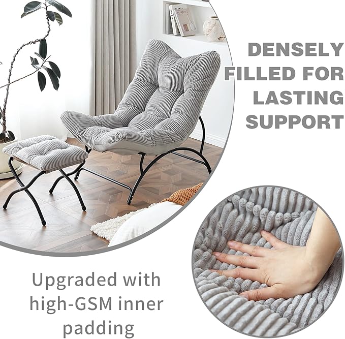 Welnow Modern Accent Chair with Ottoman, Upholstered Comfy Lounge Recliner Sofa, Thick Cushion Oversized Lazy Reading Chair with Footrest for Living Room, Bedroom, Apartment, Office, Dorm, Light Grey