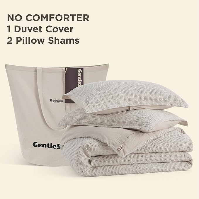 Bedsure Waffle Duvet Cover King - 100% Cotton Duvet Cover Linen Color, Space-Dyed for Enhanced Bedroom Aesthetics, GentleSoft™ and Stylish All-Season, 3-Piece Bedding Set with Button Closure, 104"x90"