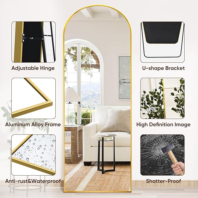 Suidia Arched Full Length Mirror, 58"x18" Floor Mirror Freestanding, Floor Standing Full Body Mirror with Stand for Bedroom, Hanging Leaning Mounted for Living Room Cloakroom, Gold