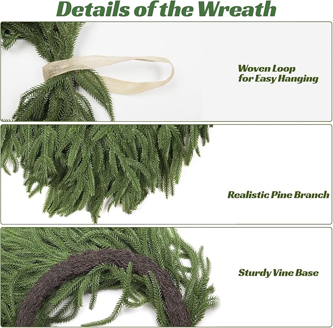 24" Norfolk Pine Wreath, Artificial Christmas Wreaths, Real Touch Green Winter Garland for Front Door Wall Window Indoor Outdoor Christmas Home Holiday Decor, FF13